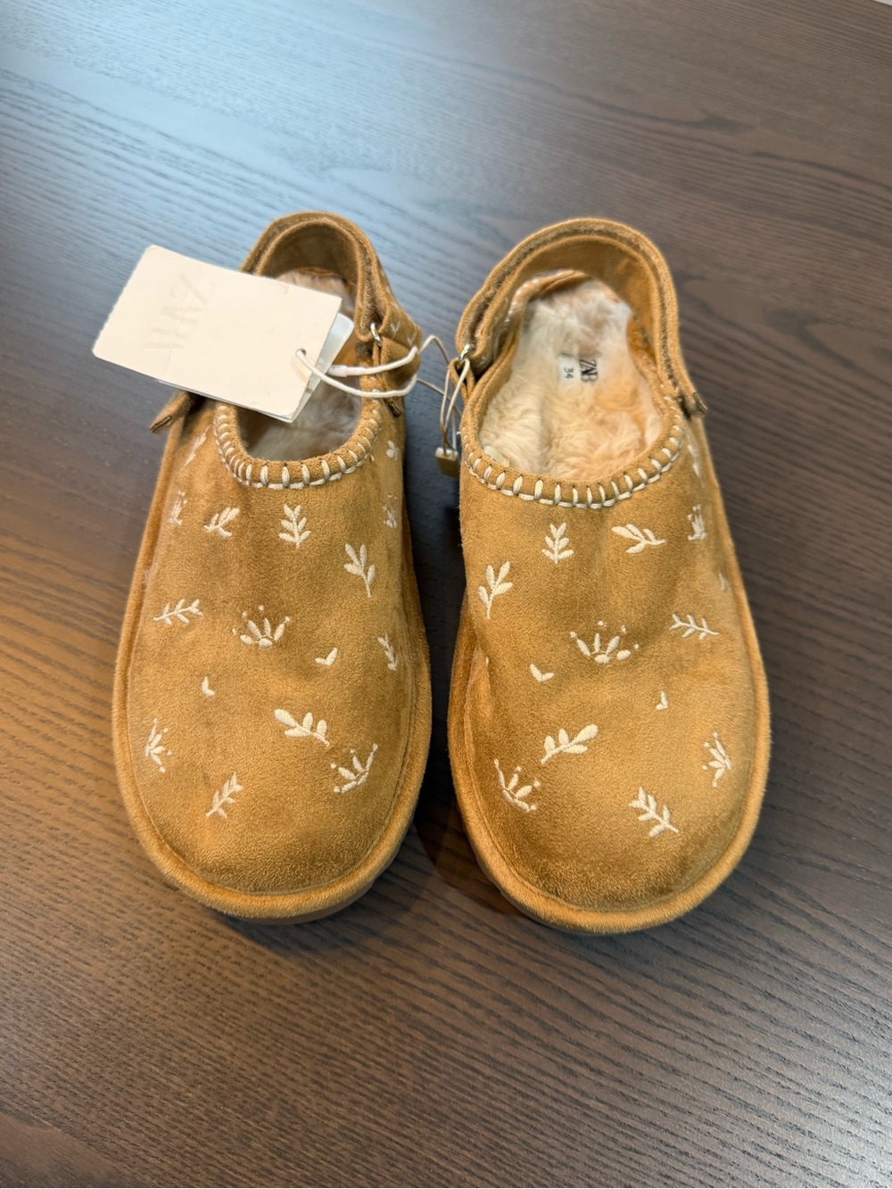 Zara Kids Tan Suede Slip-On Slippers with White Embroidery